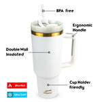 Obiatar 40oz Stainless Steel Travel Tumbler With Gold Accent| Double-Wall Vacumm Insulated Tumbler With Straw, Lid & Handle (White)