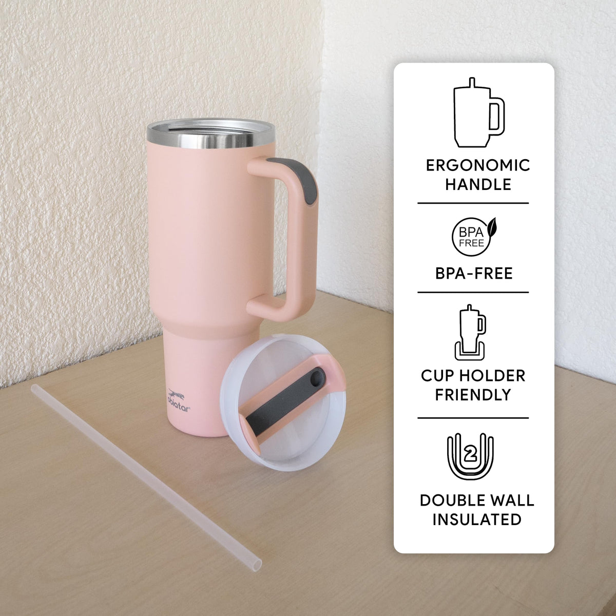 Obiatar H2.0 Tumbler with Handle, Straw & Lid 40 oz Vacuum Double Wall Insulated Stainless Steel Cup| Cup Holder Friendly (Pink)
