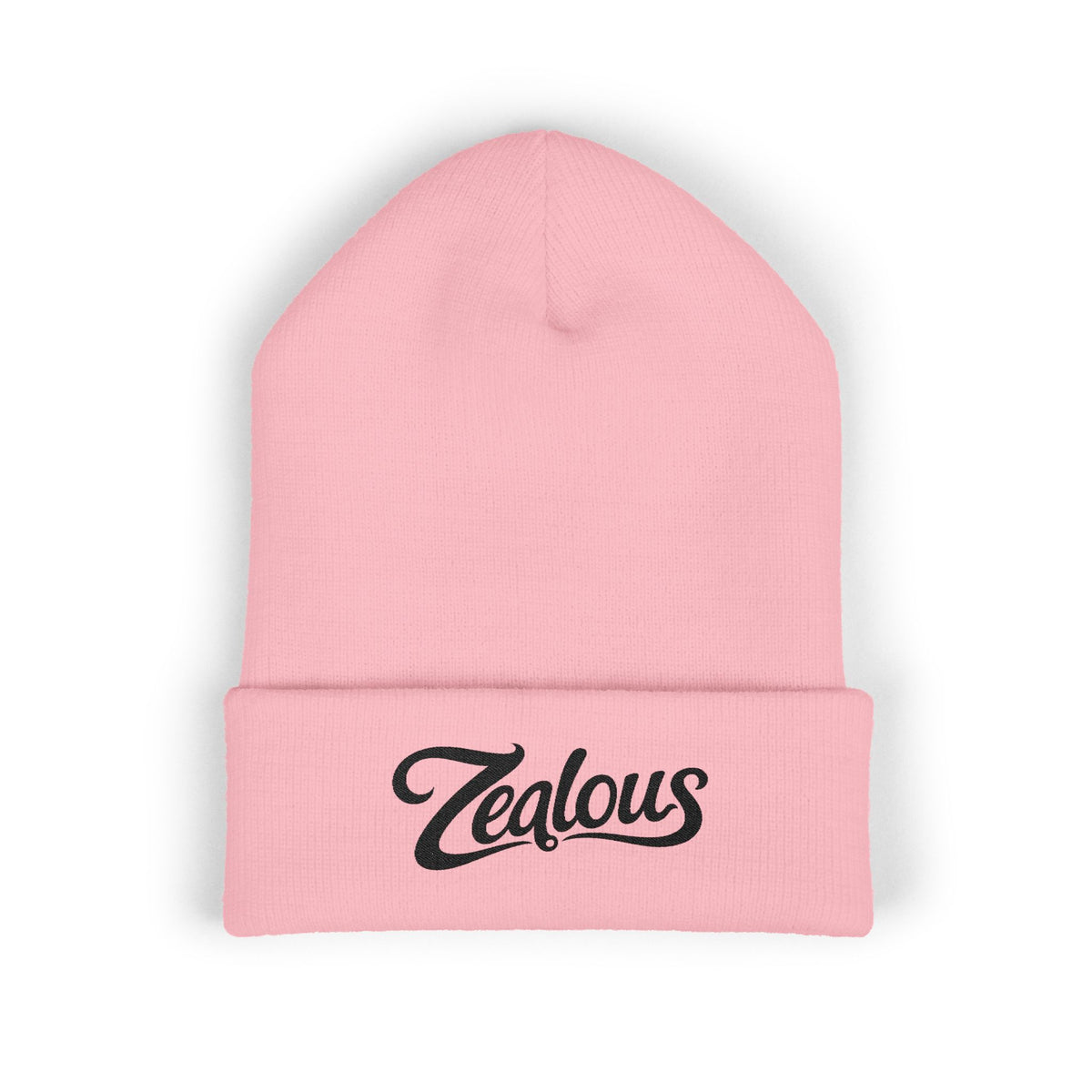 Zealous Embroidered Cuffed Beanie — Classic Winter Knit Hat (Black)