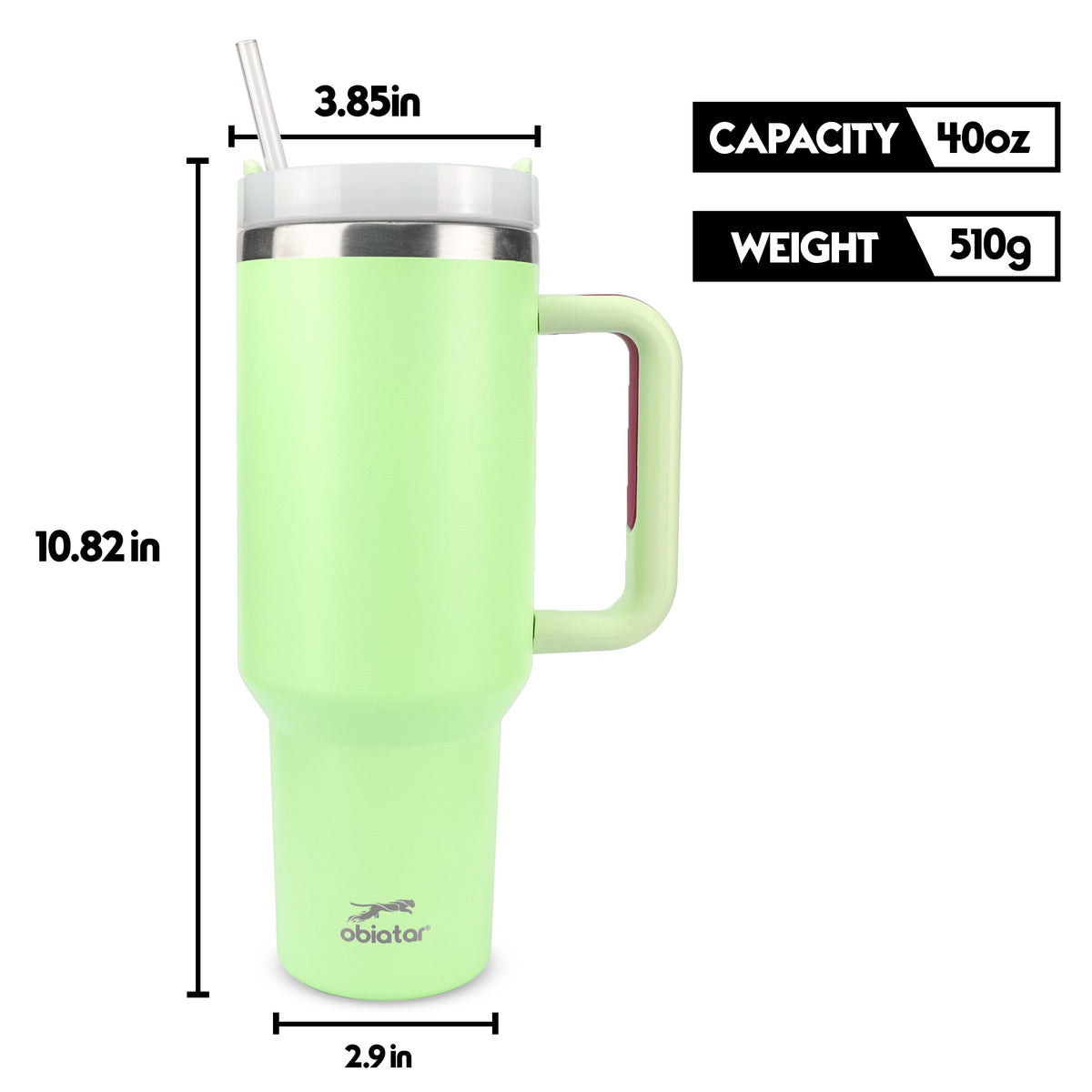 Obiatar H2.0 Tumbler with Handle, Straw & Lid 40 oz Vacuum Double Wall Insulated Stainless Steel Cup| Cup Holder Friendly (Green)