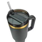 Obiatar 40oz Stainless Steel Travel Tumbler With Gold Accent| Double-Wall Vacumm Insulated Tumbler With Straw, Lid & Handle