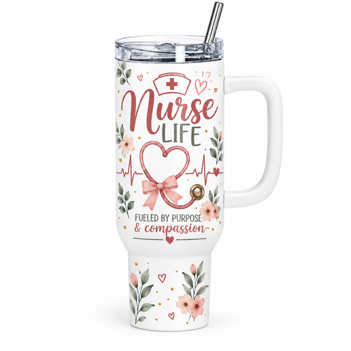Nurse Life 40oz Tumbler – Insulated Nurse Gift Cup with Handle & Straw