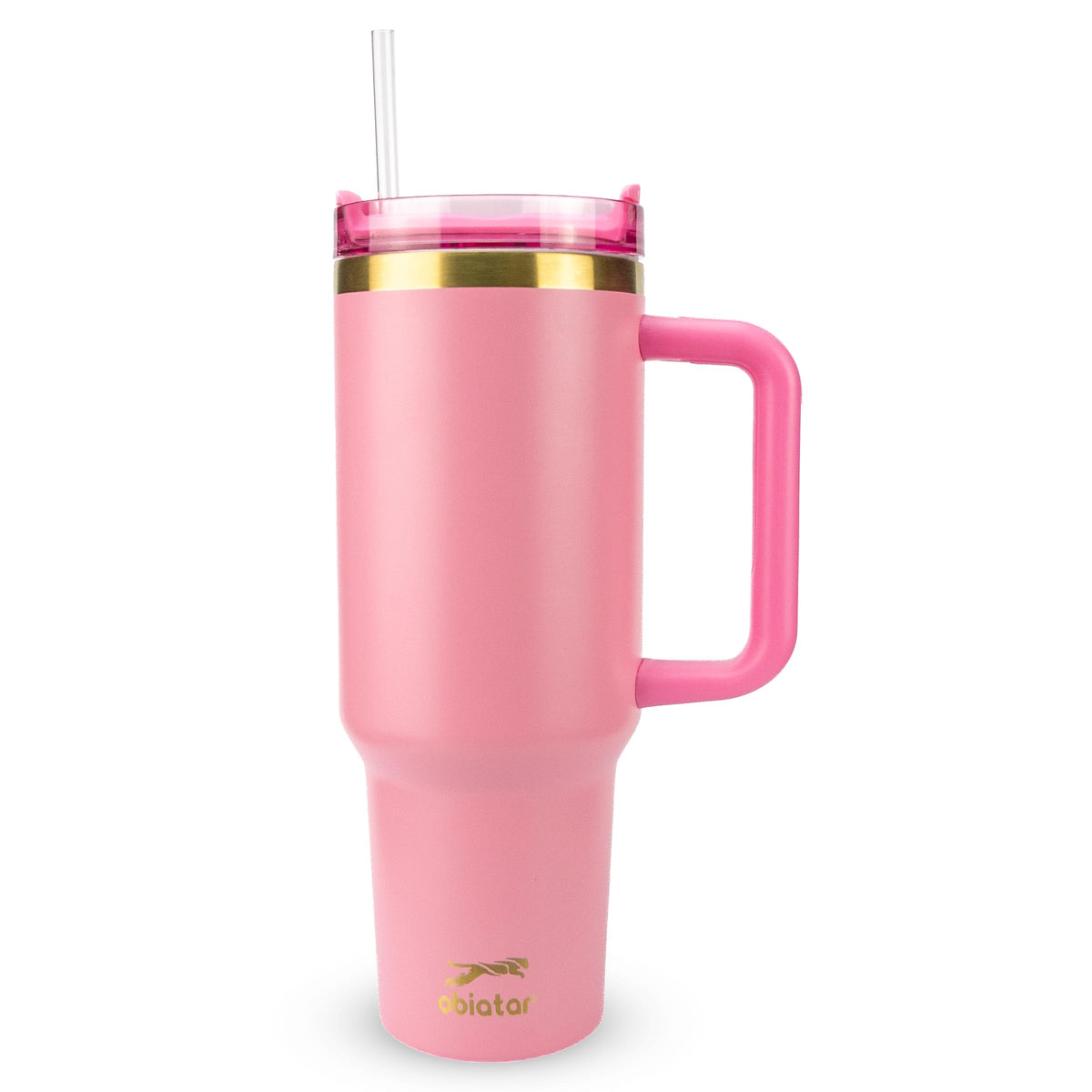 Obiatar 40oz Stainless Steel Travel Tumbler With Gold Accent| Double-Wall Vacumm Insulated Tumbler With Straw, Lid & Handle