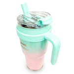 Obiatar 40oz Insulated Tumbler with Handle, Stainless Steel, Double Wall Vacuum Sealed, Leak-Proof Straw Lid (Pink/Green)