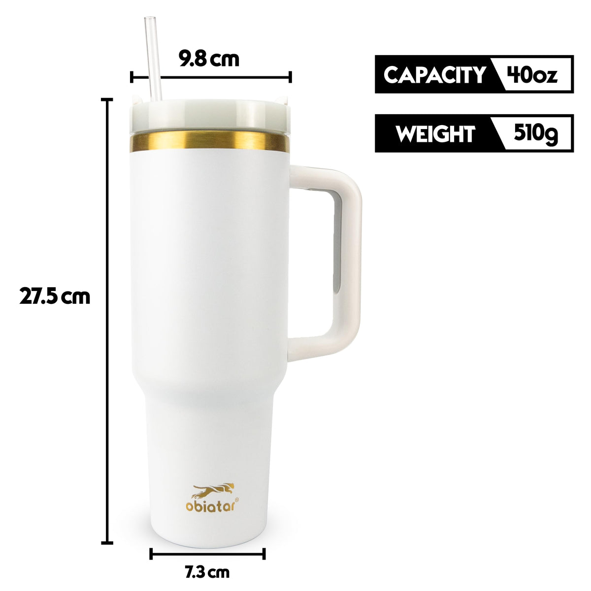 Obiatar 40oz Stainless Steel Travel Tumbler With Gold Accent| Double-Wall Vacumm Insulated Tumbler With Straw, Lid & Handle (White)