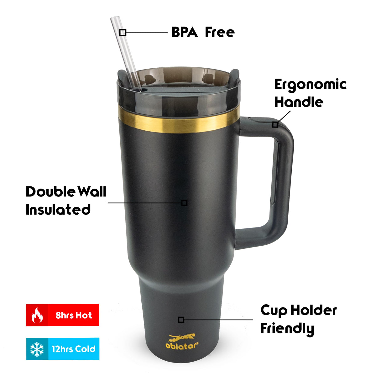 Obiatar 40oz Stainless Steel Travel Tumbler With Gold Accent| Double-Wall Vacumm Insulated Tumbler With Straw, Lid & Handle