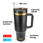 Obiatar 40oz Stainless Steel Travel Tumbler With Gold Accent| Double-Wall Vacumm Insulated Tumbler With Straw, Lid & Handle