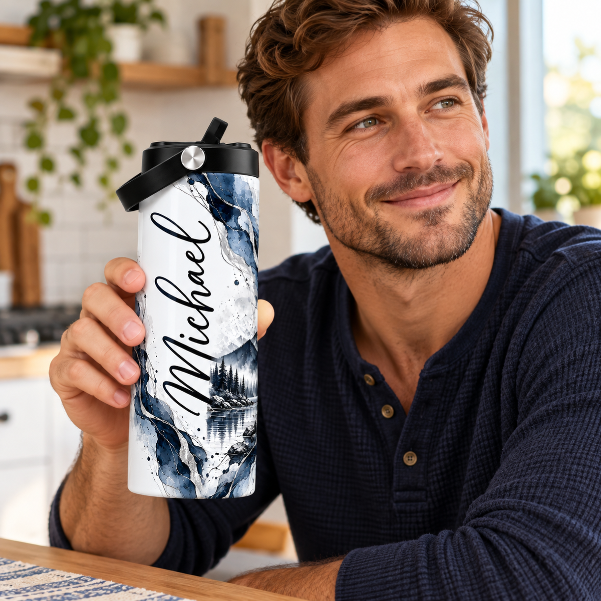 Personalized 20oz Tumbler with Name – Mountain Landscape Insulated Travel Cup with 2 Lids & Stainless Steel Straw