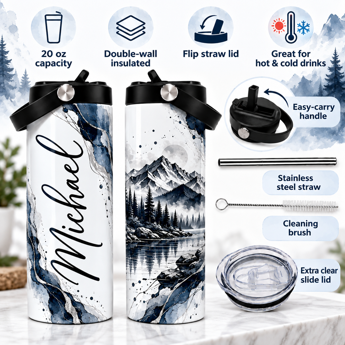 Personalized 20oz Tumbler with Name – Mountain Landscape Insulated Travel Cup with 2 Lids & Stainless Steel Straw