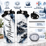 Personalized 20oz Tumbler with Name – Mountain Landscape Insulated Travel Cup with 2 Lids & Stainless Steel Straw