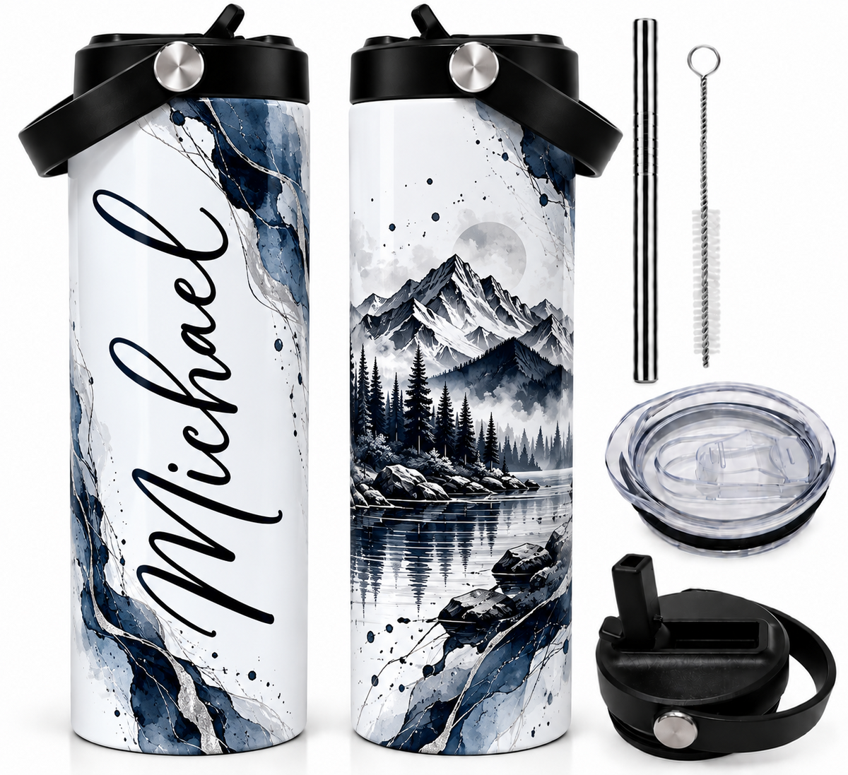 Personalized 20oz Tumbler with Name – Mountain Landscape Insulated Travel Cup with 2 Lids & Stainless Steel Straw