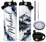 Personalized 20oz Tumbler with Name – Mountain Landscape Insulated Travel Cup with 2 Lids & Stainless Steel Straw
