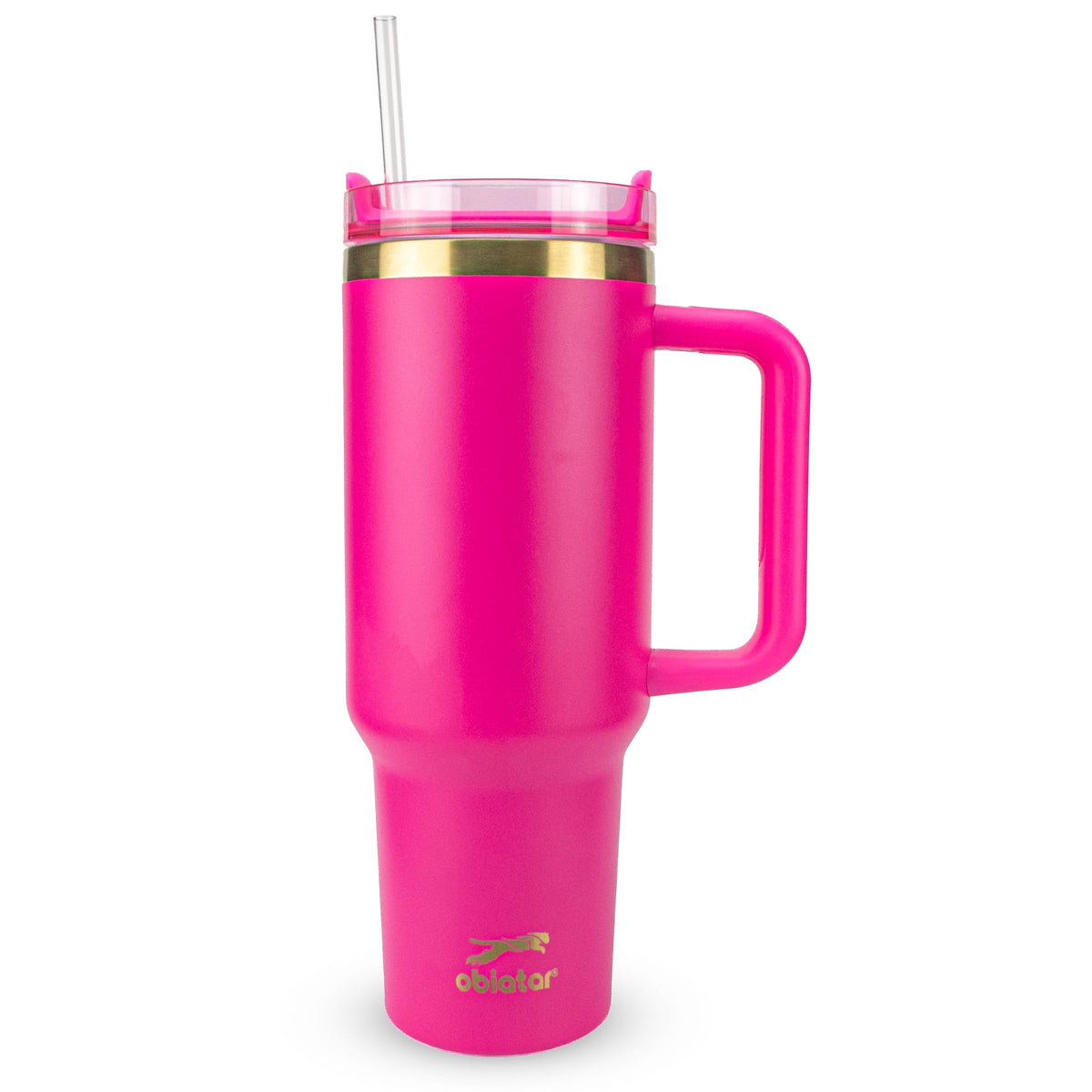 Obiatar 40oz Stainless Steel Travel Tumbler With Gold Accent| Double-Wall Vacumm Insulated Tumbler With Straw, Lid & Handle (Bright Pink)