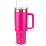 Obiatar 40oz Stainless Steel Travel Tumbler With Gold Accent| Double-Wall Vacumm Insulated Tumbler With Straw, Lid & Handle (Bright Pink)
