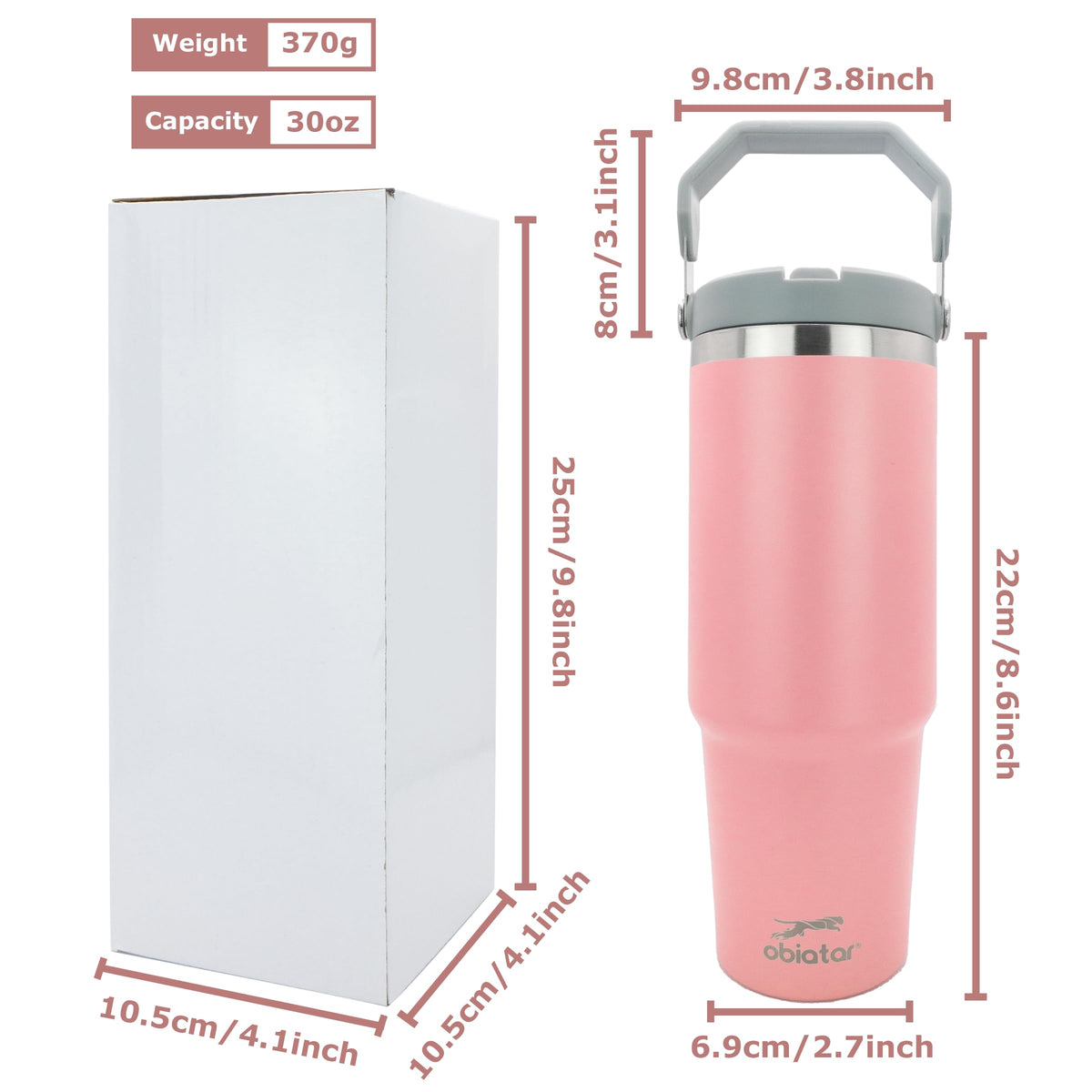 Obiatar 30 oz Tumbler with Handle | Insulated Tumbler with 100% Leak-Proof Lid and Straw | Stainless Steel Vacuum Water Bottle Travel Mug | Keeps Cold & Hot Drink (Pink)