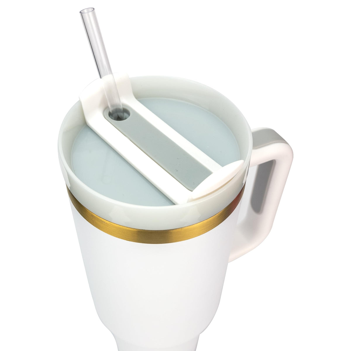 Obiatar 40oz Stainless Steel Travel Tumbler With Gold Accent| Double-Wall Vacumm Insulated Tumbler With Straw, Lid & Handle (White)