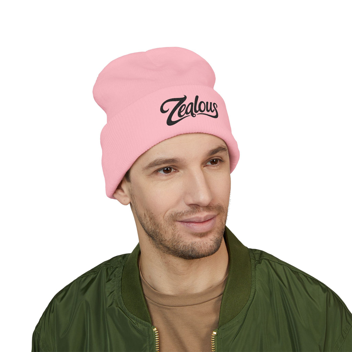 Zealous Embroidered Cuffed Beanie — Classic Winter Knit Hat (Black)