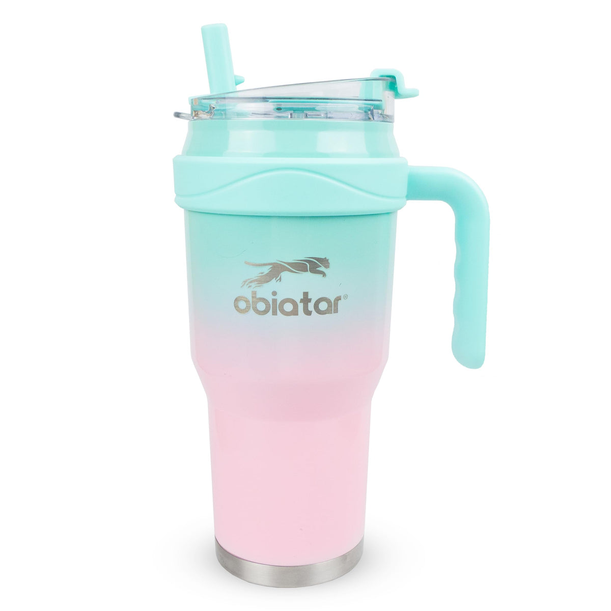 Obiatar 40oz Insulated Tumbler with Handle, Stainless Steel, Double Wall Vacuum Sealed, Leak-Proof Straw Lid (Pink/Green)