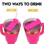 Obiatar 40oz Stainless Steel Travel Tumbler With Gold Accent| Double-Wall Vacumm Insulated Tumbler With Straw, Lid & Handle (Bright Pink)