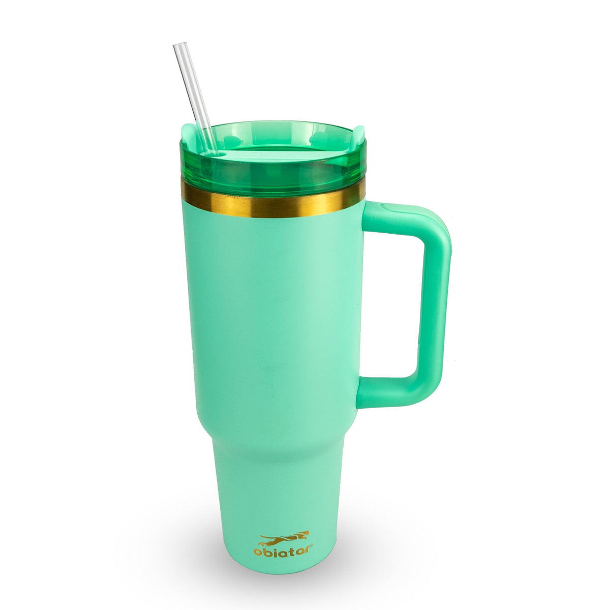 Obiatar 40oz Stainless Steel Travel Tumbler With Gold Accent| Double-Wall Vacumm Insulated Tumbler With Straw, Lid & Handle