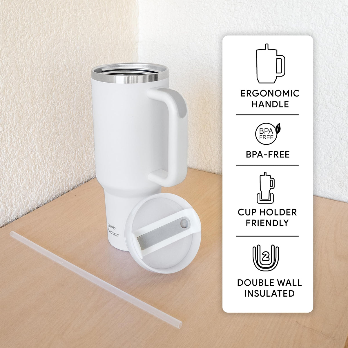 Obiatar H2.0 Tumbler with Handle, Straw & Lid 40 oz Vacuum Double Wall Insulated Stainless Steel Cup| Cup Holder Friendly (White)