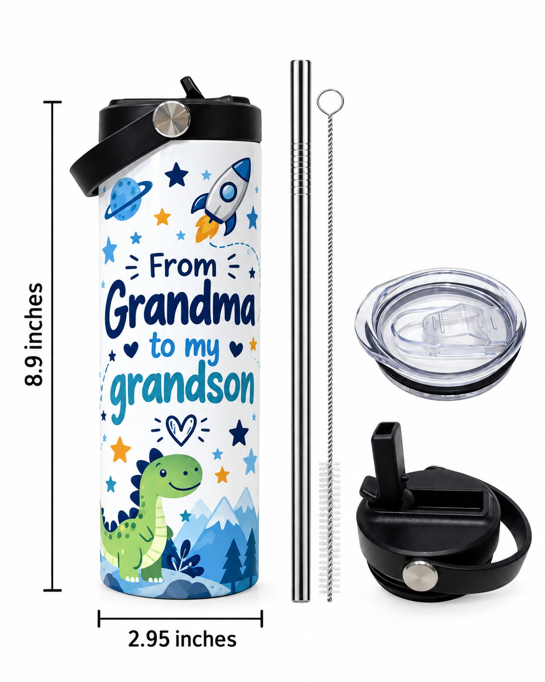 From Grandma to My Grandson" Outer Space & Dinosaur 20oz Insulated Tumbler | Gift for Grandson
