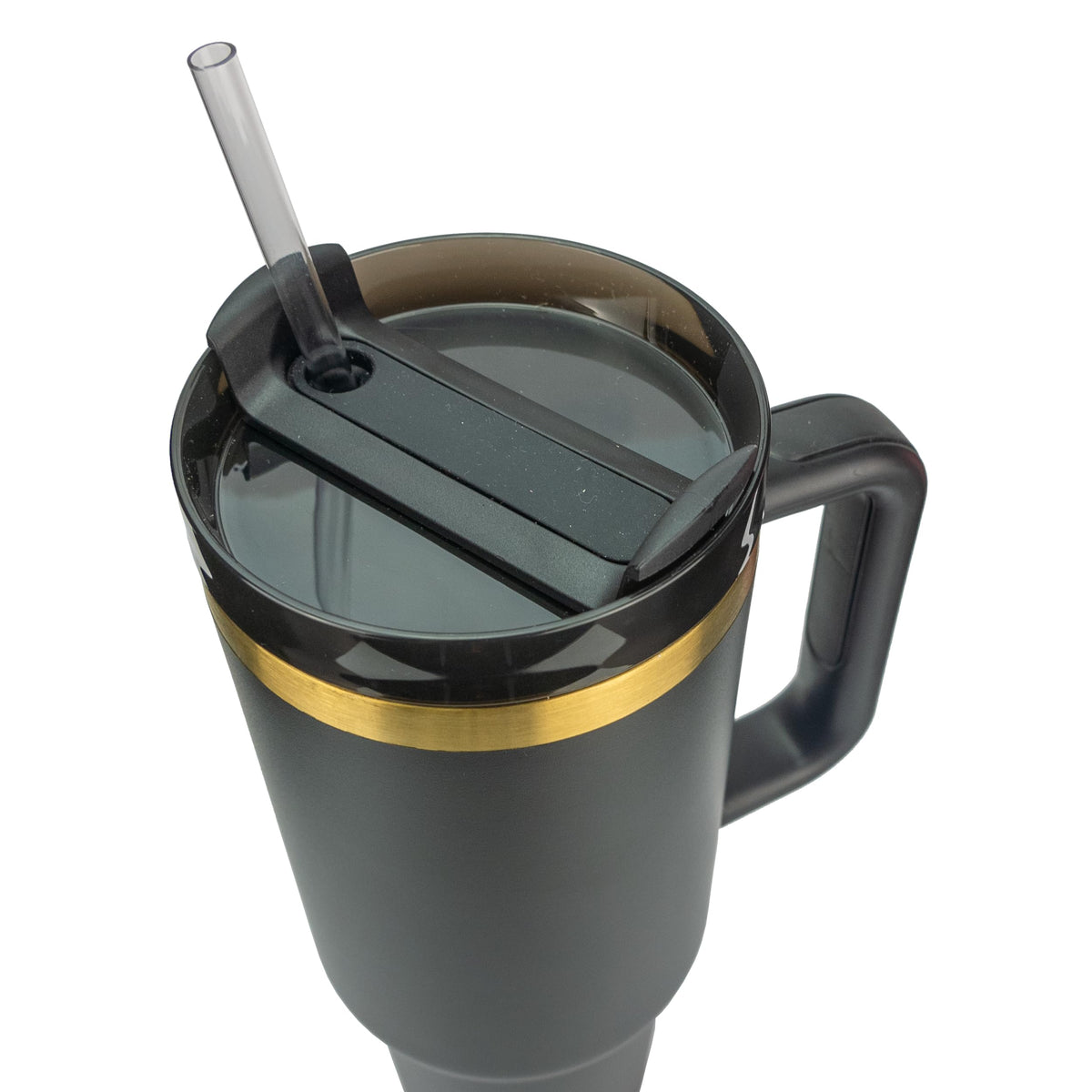 Obiatar 40oz Stainless Steel Travel Tumbler With Gold Accent| Double-Wall Vacumm Insulated Tumbler With Straw, Lid & Handle Black