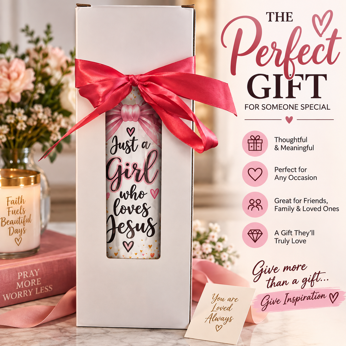 Just a Girl Who Loves Jesus" Pink Bow & Butterfly 20oz Insulated Tumbler | Leak-Proof Lid