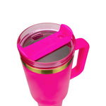 Obiatar 40oz Stainless Steel Travel Tumbler With Gold Accent| Double-Wall Vacumm Insulated Tumbler With Straw, Lid & Handle (Bright Pink)