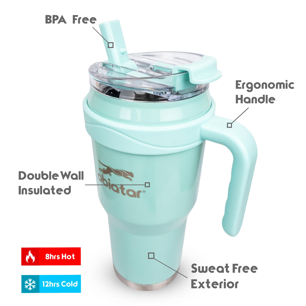 Obiatar 40oz Insulated Tumbler with Handle, Stainless Steel, Double Wall Vacuum Sealed, Leak-Proof Straw Lid