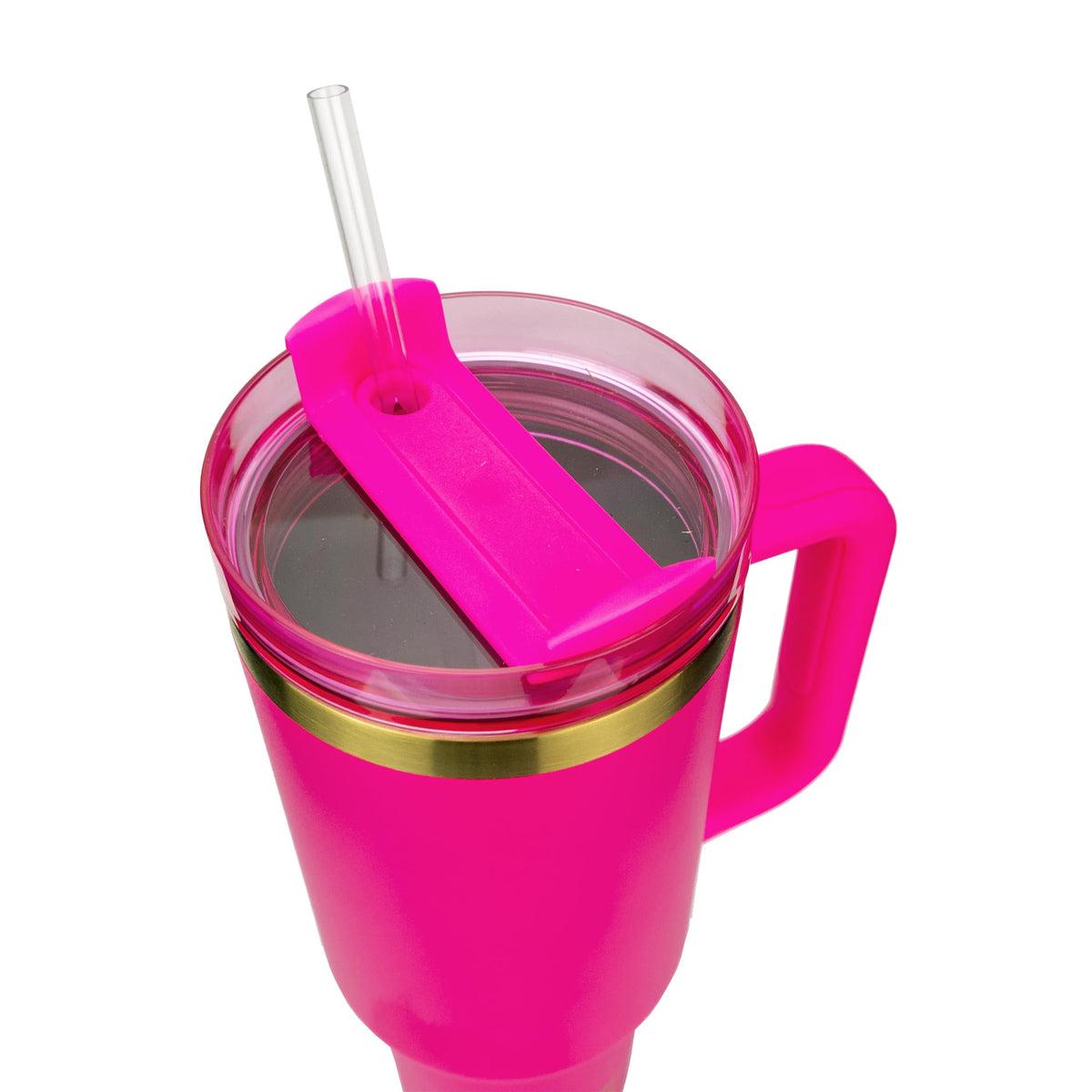 Obiatar 40oz Stainless Steel Travel Tumbler With Gold Accent| Double-Wall Vacumm Insulated Tumbler With Straw, Lid & Handle (Bright Pink)