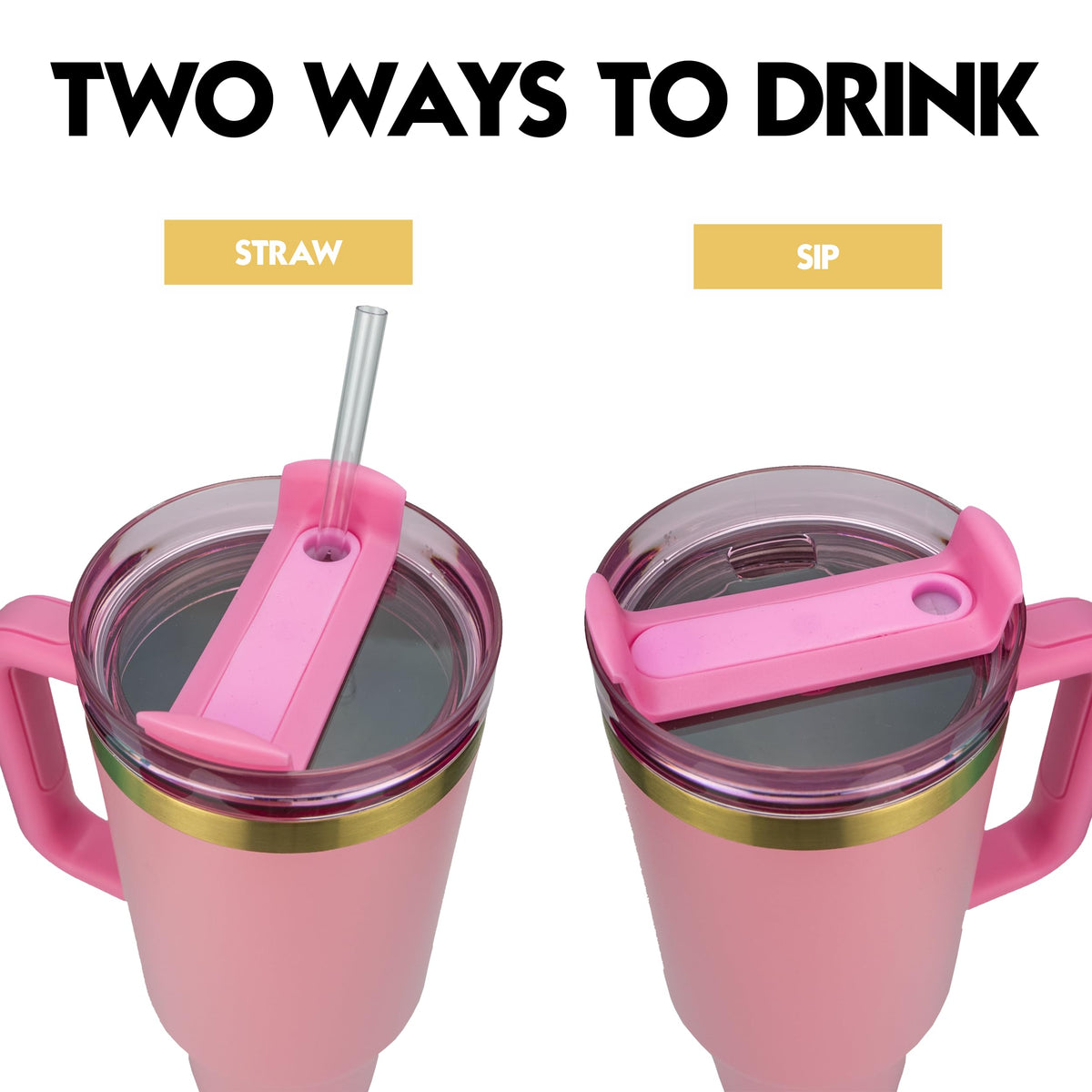 Obiatar 40oz Stainless Steel Travel Tumbler With Gold Accent| Double-Wall Vacumm Insulated Tumbler With Straw, Lid & Handle