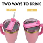 Obiatar 40oz Stainless Steel Travel Tumbler With Gold Accent| Double-Wall Vacumm Insulated Tumbler With Straw, Lid & Handle