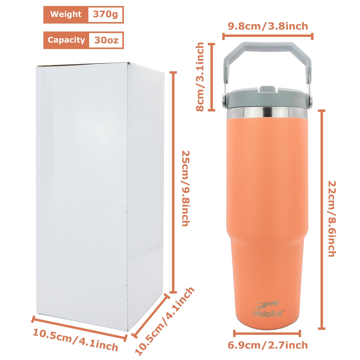 Obiatar 30 oz Tumbler with Handle | Insulated Tumbler with 100% Leak-Proof Lid and Straw | Stainless Steel Vacuum Water Bottle Travel Mug | Keeps Cold & Hot Drink (Orange)
