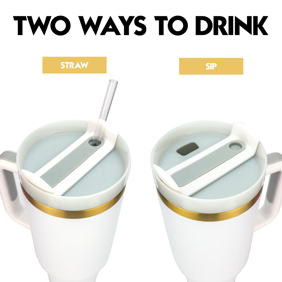 Obiatar 40oz Stainless Steel Travel Tumbler With Gold Accent| Double-Wall Vacumm Insulated Tumbler With Straw, Lid & Handle (White)