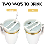 Obiatar 40oz Stainless Steel Travel Tumbler With Gold Accent| Double-Wall Vacumm Insulated Tumbler With Straw, Lid & Handle (White)