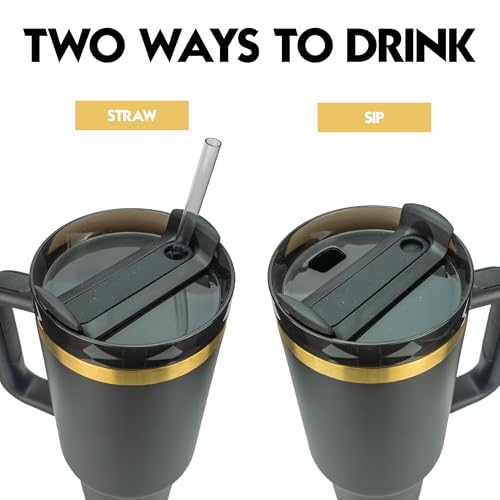 Obiatar 40oz Stainless Steel Travel Tumbler With Gold Accent| Double-Wall Vacumm Insulated Tumbler With Straw, Lid & Handle Black