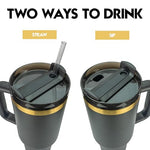Obiatar 40oz Stainless Steel Travel Tumbler With Gold Accent| Double-Wall Vacumm Insulated Tumbler With Straw, Lid & Handle Black