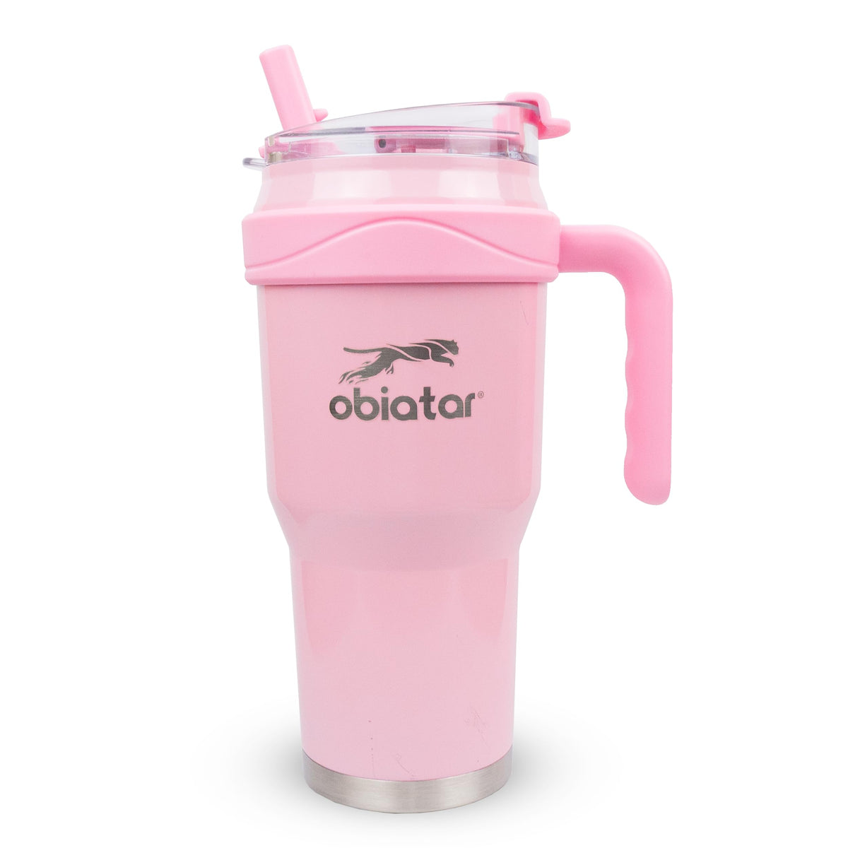Obiatar 40oz Insulated Tumbler with Handle, Stainless Steel, Double Wall Vacuum Sealed, Leak-Proof Straw Lid (Pink)
