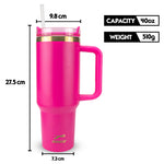 Obiatar 40oz Stainless Steel Travel Tumbler With Gold Accent| Double-Wall Vacumm Insulated Tumbler With Straw, Lid & Handle (Bright Pink)