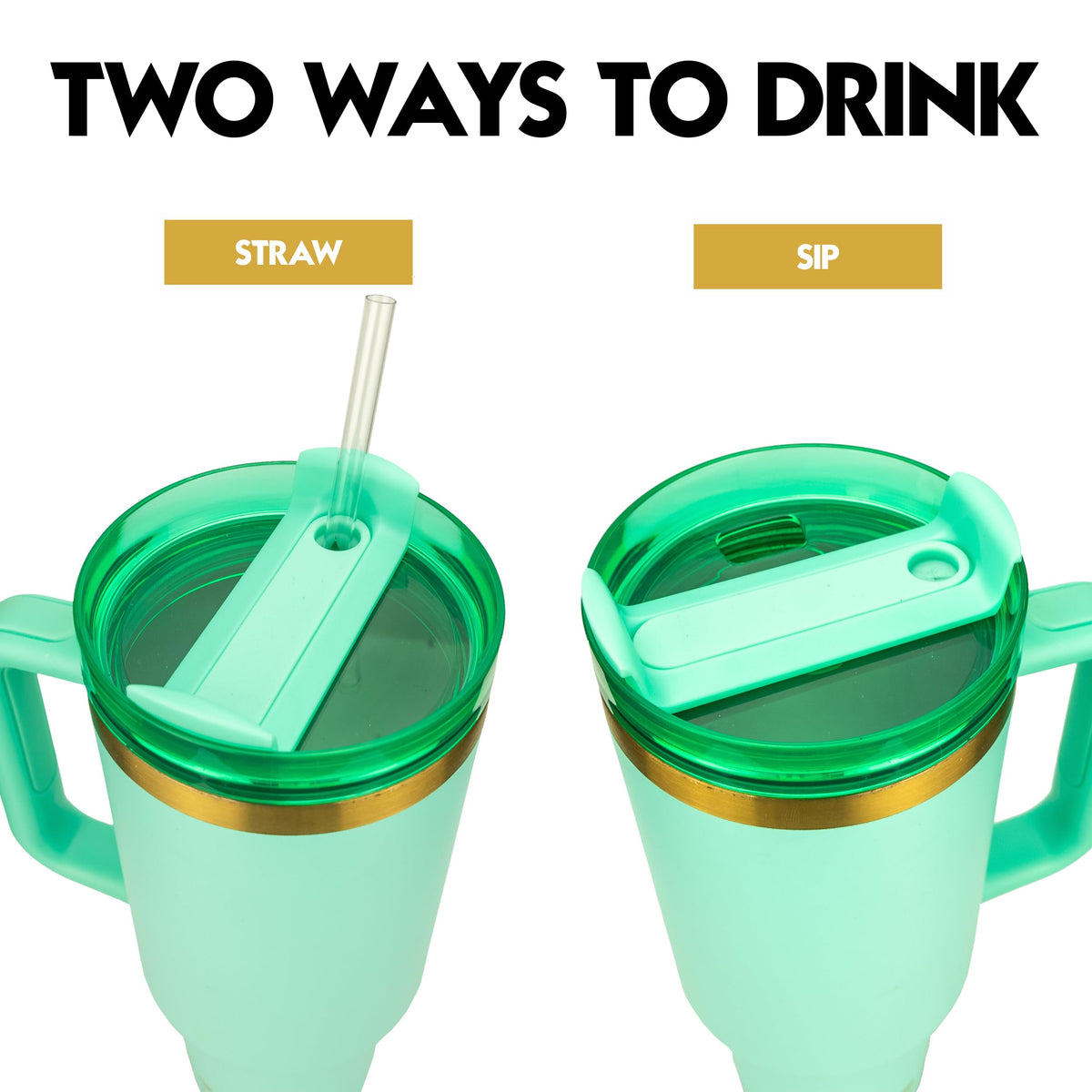 Obiatar 40oz Stainless Steel Travel Tumbler With Gold Accent| Double-Wall Vacumm Insulated Tumbler With Straw, Lid & Handle