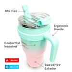 Obiatar 40oz Insulated Tumbler with Handle, Stainless Steel, Double Wall Vacuum Sealed, Leak-Proof Straw Lid (Pink/Green)