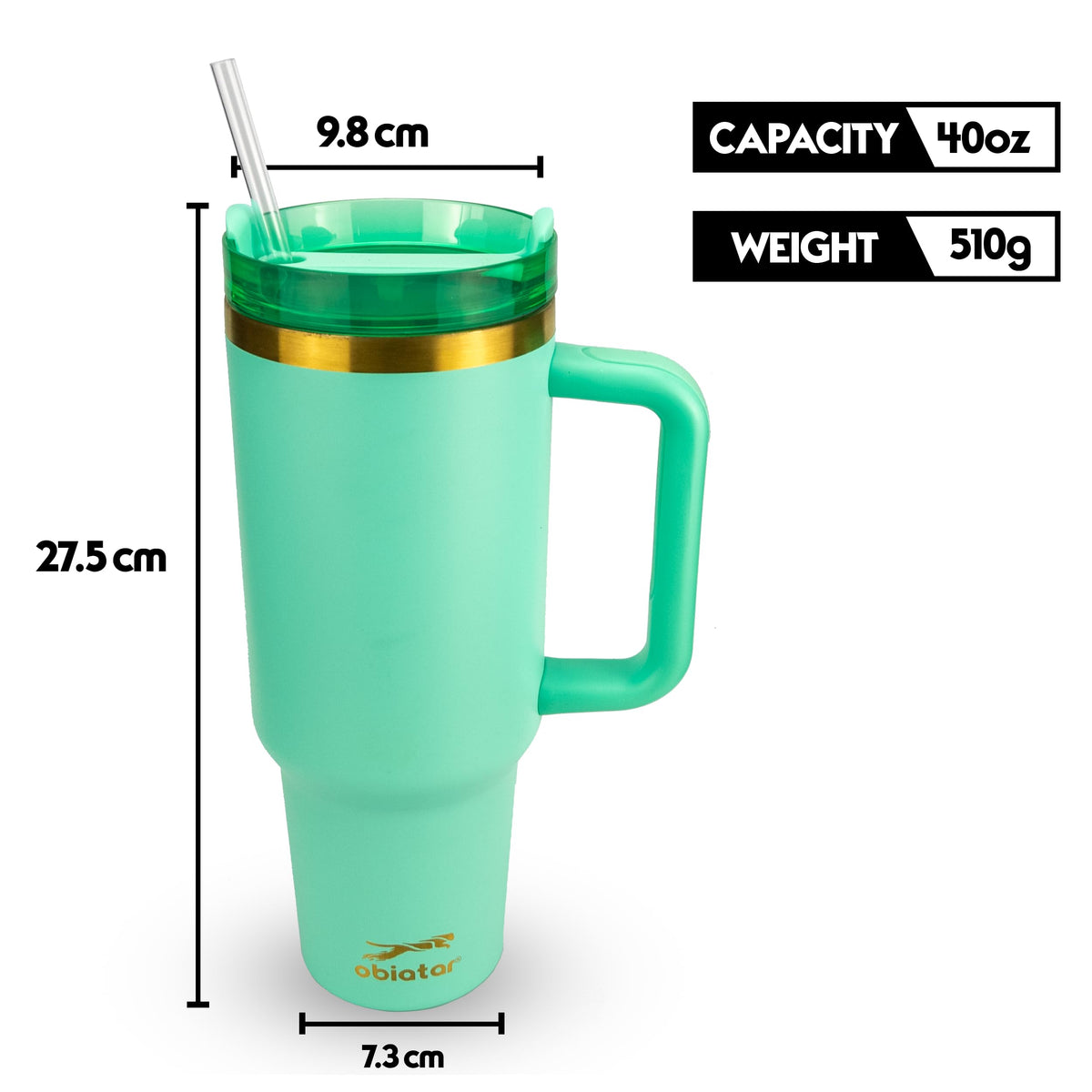 Obiatar 40oz Stainless Steel Travel Tumbler With Gold Accent| Double-Wall Vacumm Insulated Tumbler With Straw, Lid & Handle