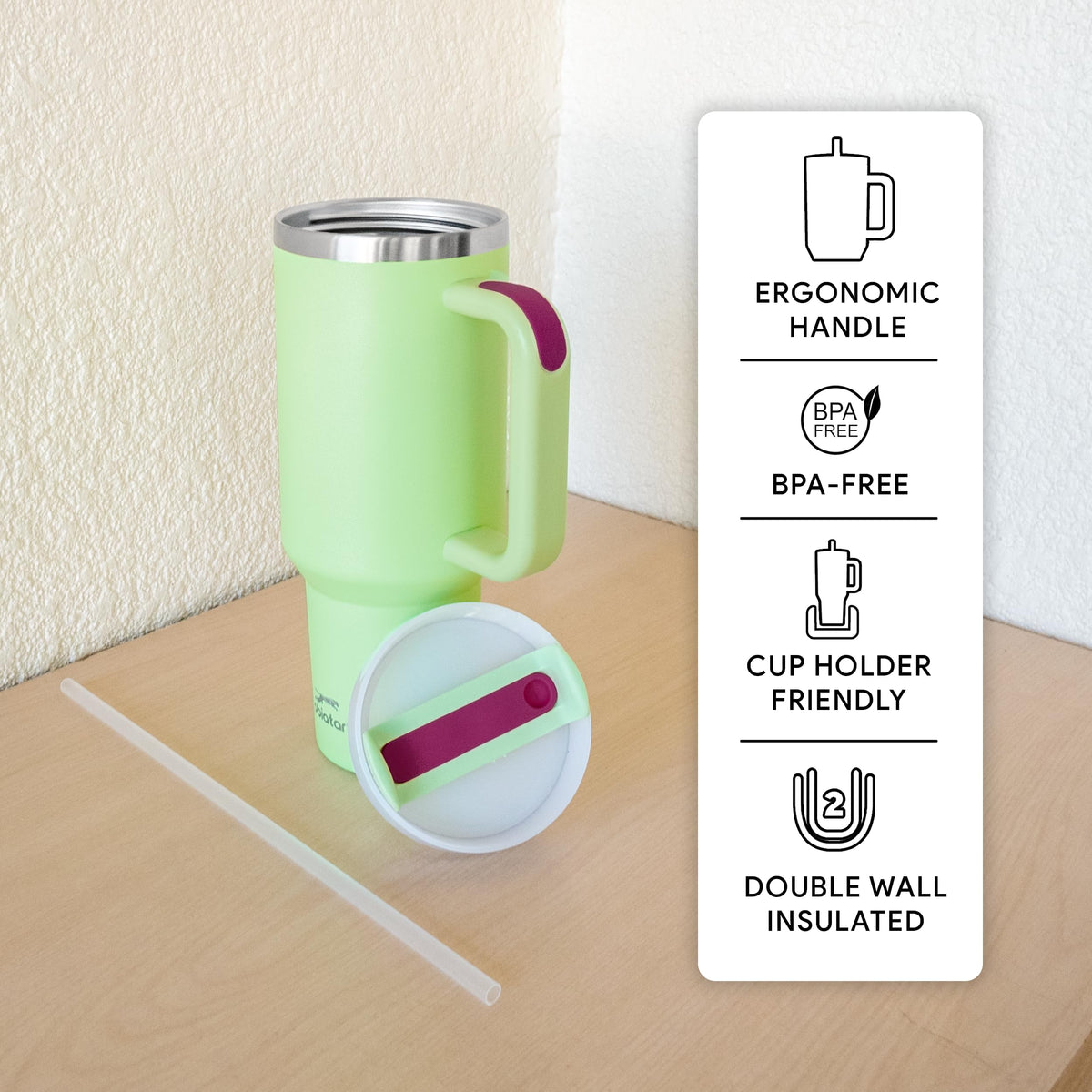Obiatar H2.0 Tumbler with Handle, Straw & Lid 40 oz Vacuum Double Wall Insulated Stainless Steel Cup| Cup Holder Friendly (Green)