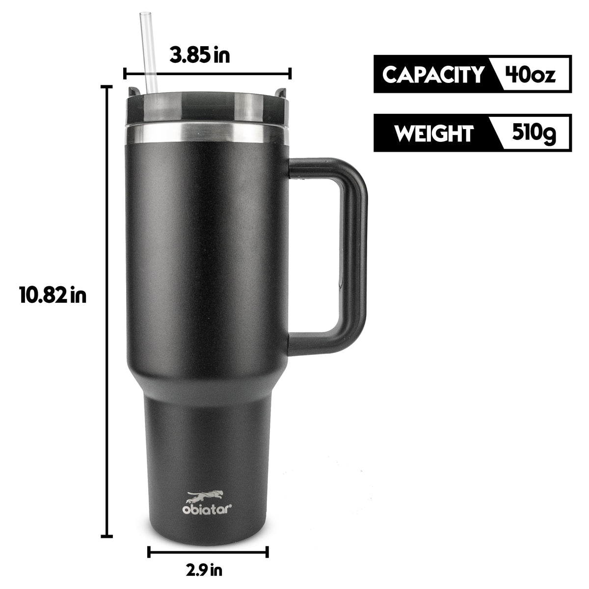Obiatar H2.0 Tumbler with Handle, Straw & Lid 40 oz Vacuum Double Wall Insulated Stainless Steel Cup| Cup Holder Friendly (Black)