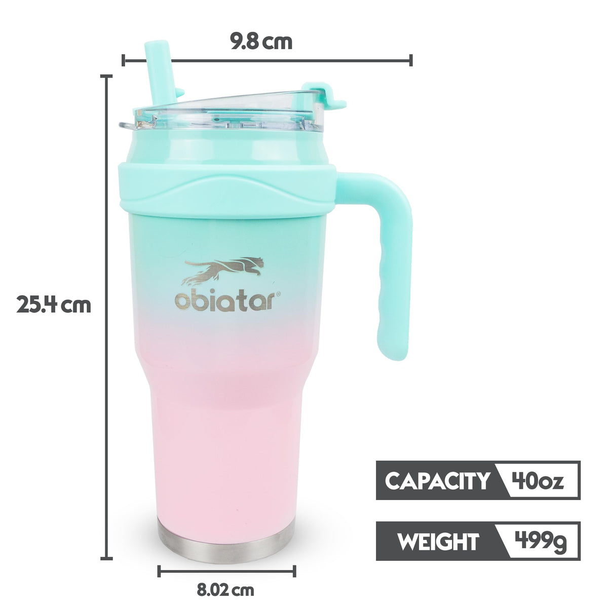 Obiatar 40oz Insulated Tumbler with Handle, Stainless Steel, Double Wall Vacuum Sealed, Leak-Proof Straw Lid (Pink/Green)