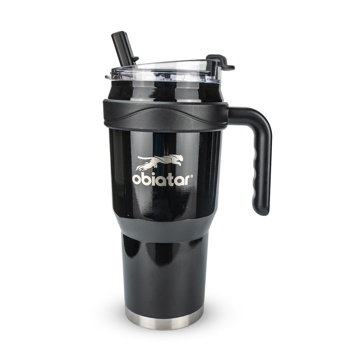 Obiatar 40oz Insulated Tumbler with Handle, Stainless Steel, Double Wall Vacuum Sealed, Leak-Proof Straw Lid (Black)