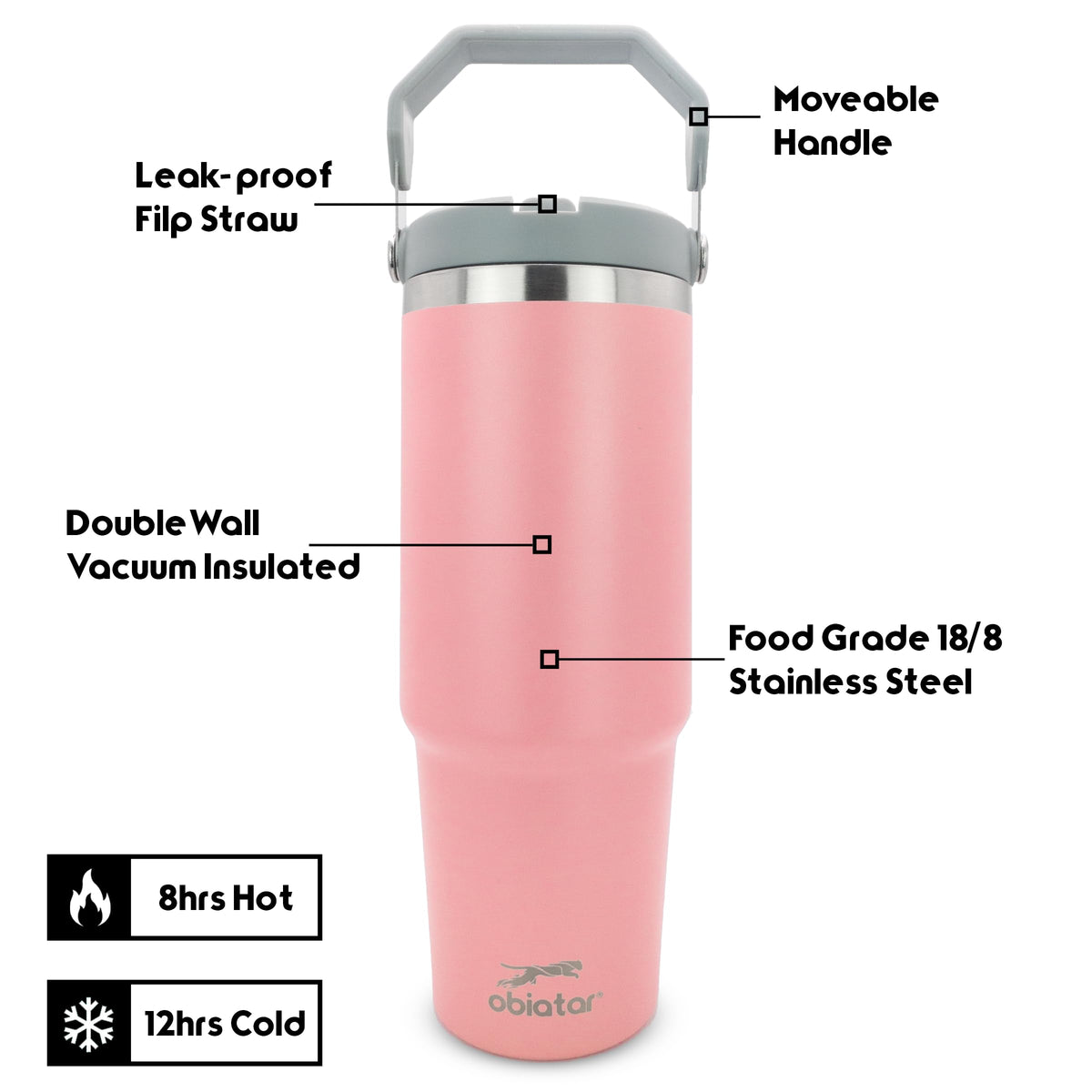 Obiatar 30 oz Tumbler with Handle | Insulated Tumbler with 100% Leak-Proof Lid and Straw | Stainless Steel Vacuum Water Bottle Travel Mug | Keeps Cold & Hot Drink (Pink)