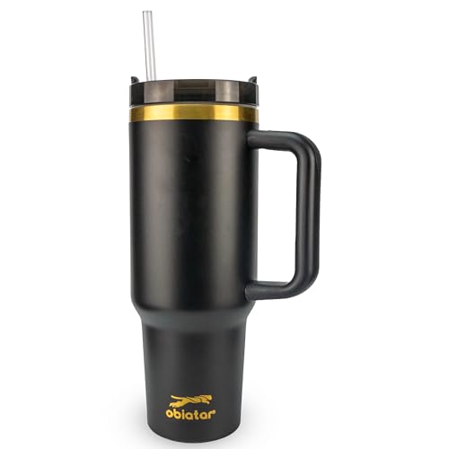Obiatar 40oz Stainless Steel Travel Tumbler With Gold Accent| Double-Wall Vacumm Insulated Tumbler With Straw, Lid & Handle Black