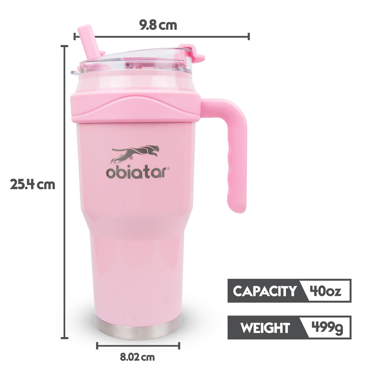 Obiatar 40oz Insulated Tumbler with Handle, Stainless Steel, Double Wall Vacuum Sealed, Leak-Proof Straw Lid (Pink)